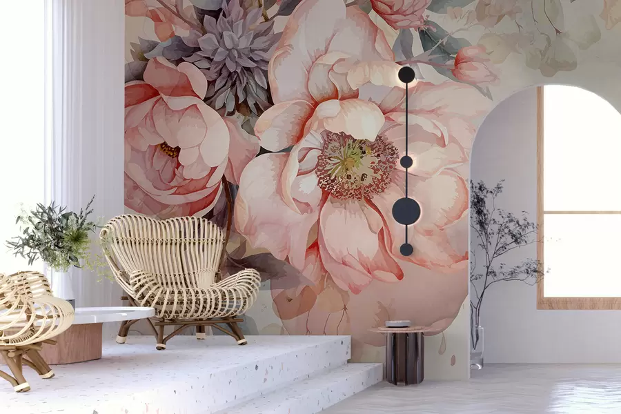 murales de pared Peonías rosas acuarelas con delicados pétalos, rodeadas de exuberante vegetación pastel y otras flores  w01245