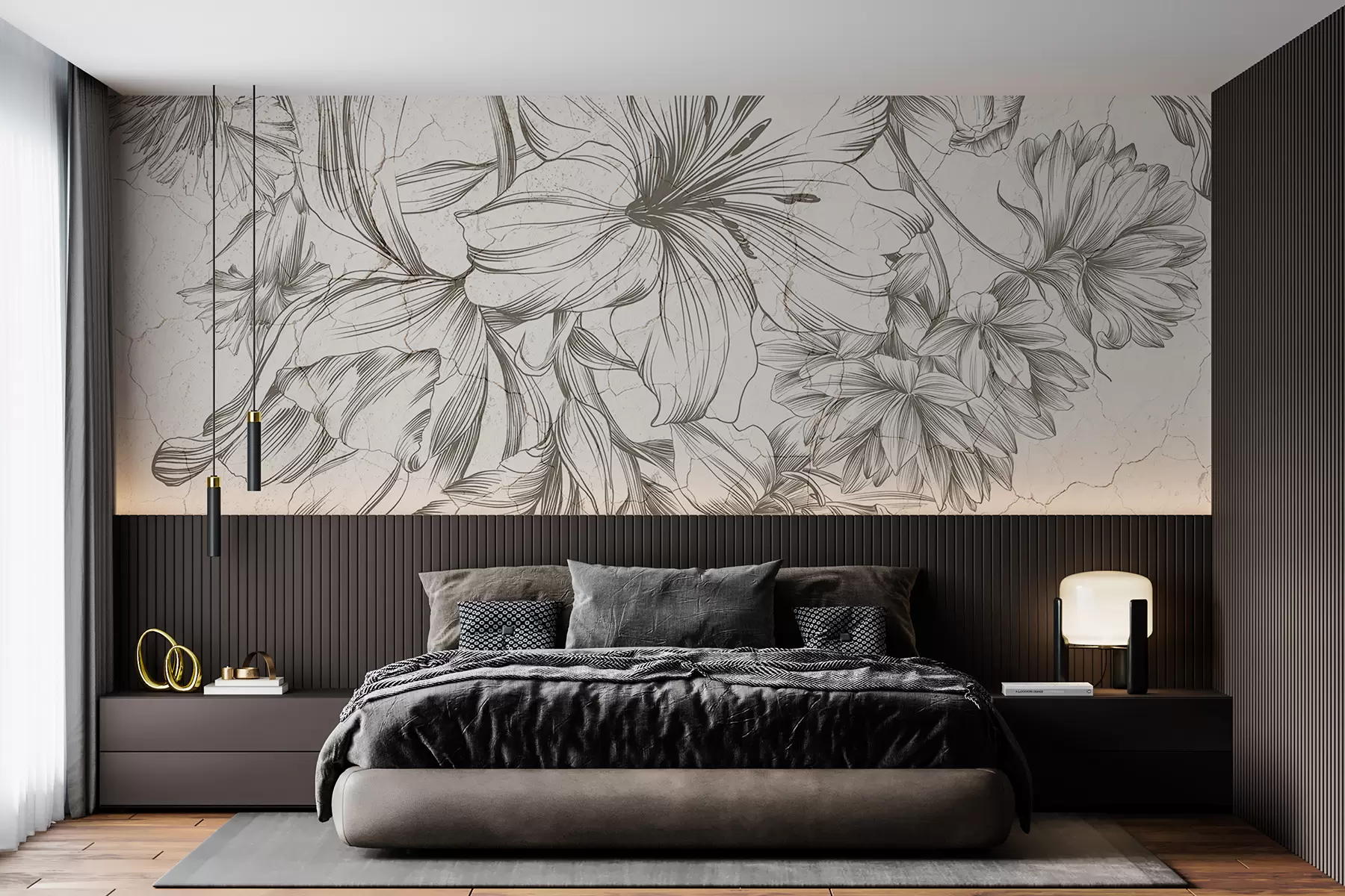 murales de pared Un boceto en blanco y negro de una impresión gráfica de flores grandes.  w01253