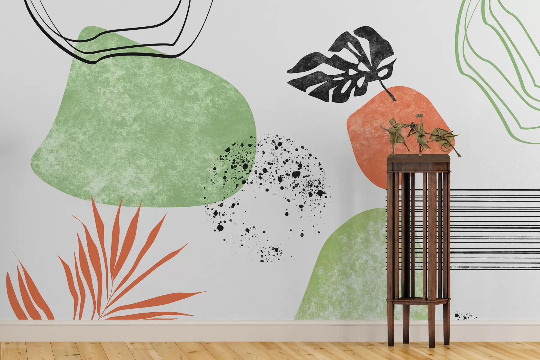 murales de pared Abstracción boho, manchas de textura, líneas curvas, hojas tropicales, manchas de tinta, color negro, verde y rojo w01298