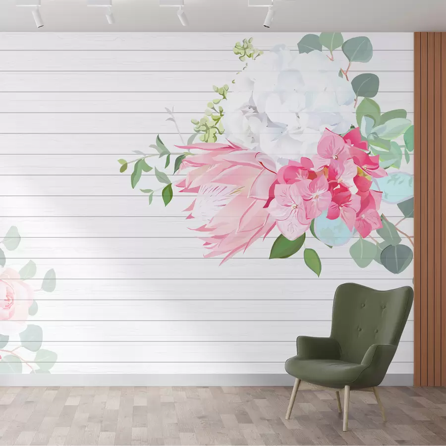 murales de pared flores brillantes sobre un fondo de paneles de madera blancos w01329
