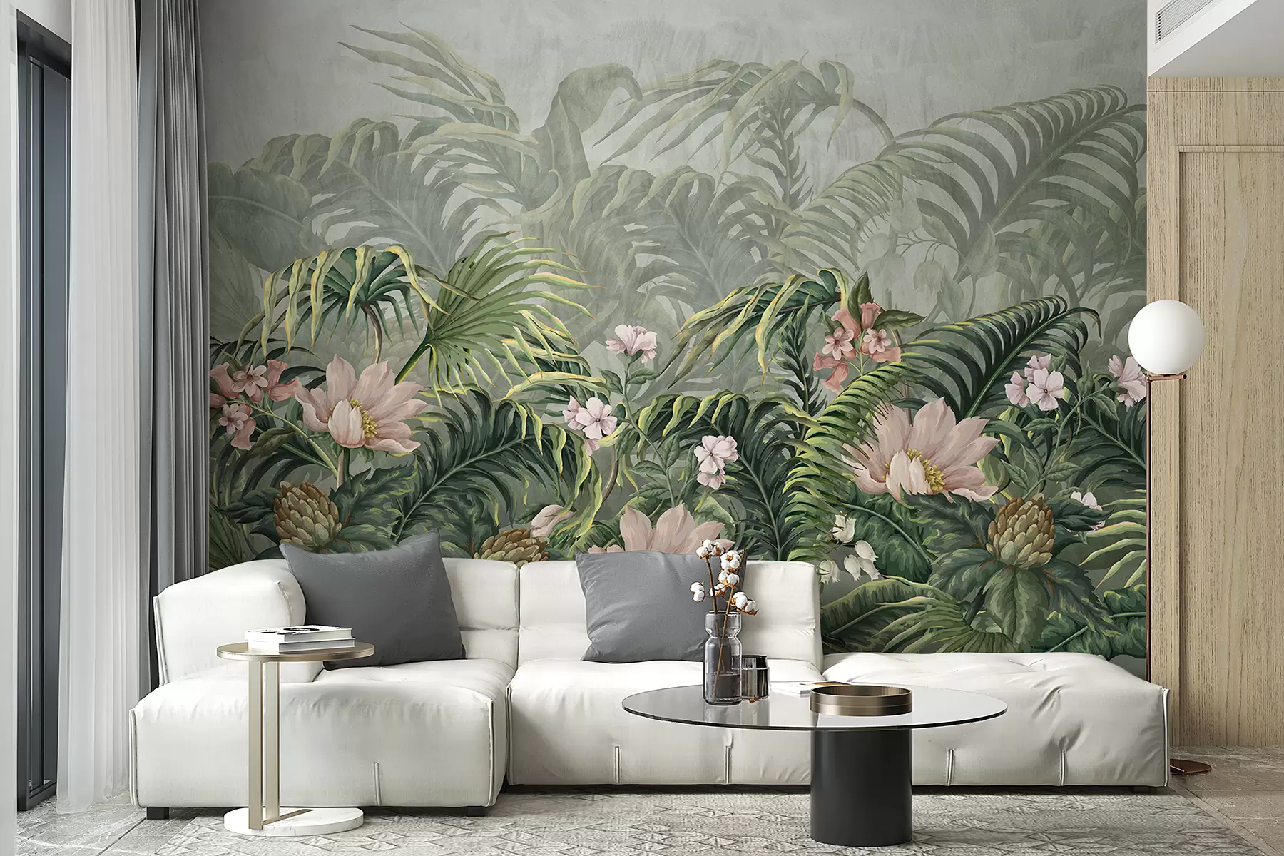 murales de pared Una exuberante selva tropical, hojas de palmeras verdes y helechos en primer plano con flores  w01309