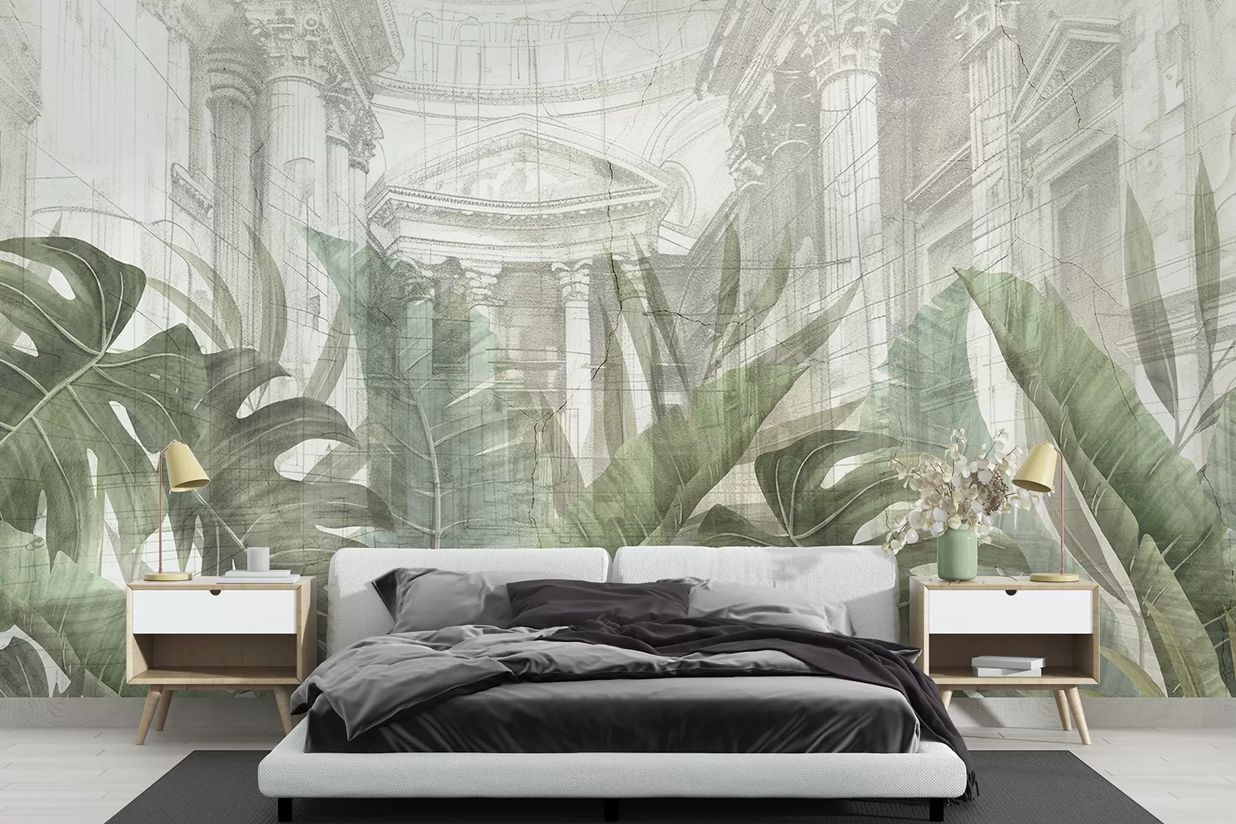 murales de pared Un gran dibujo arquitectónico adornado con columnas de mármol y exuberantes plantas verdes tropicales.  w01311