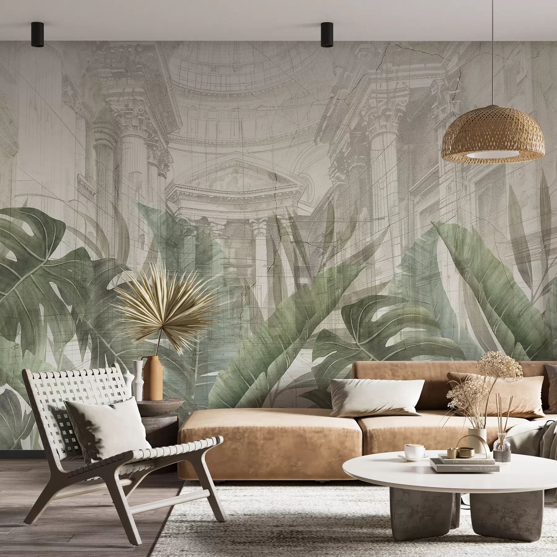 murales de pared Un gran dibujo arquitectónico adornado con columnas de mármol y exuberantes plantas verdes tropicales.  w01311