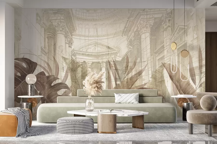 murales de pared Un gran dibujo arquitectónico adornado con columnas de mármol y exuberantes plantas tropicales de color sepia.  w01311v1