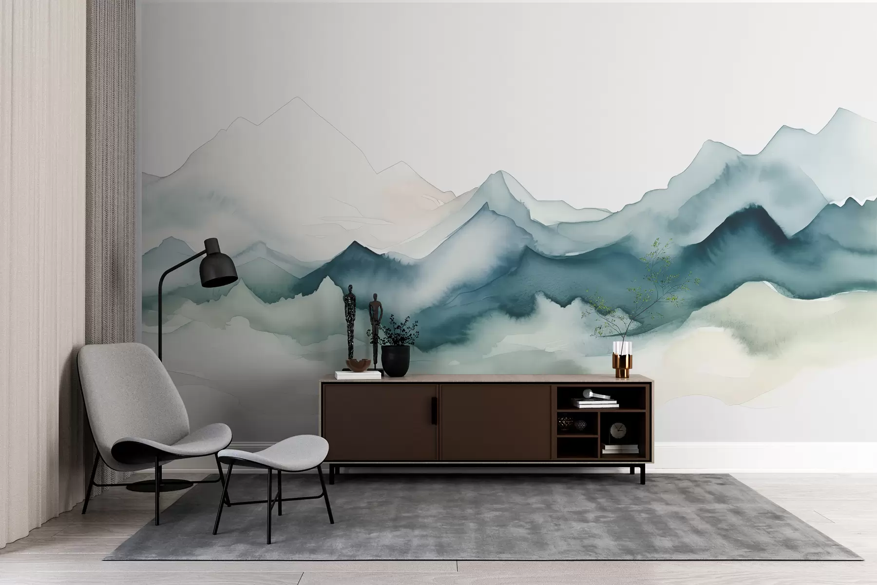 murales de pared Montañas azules en la niebla ilustración acuarela húmeda w07883