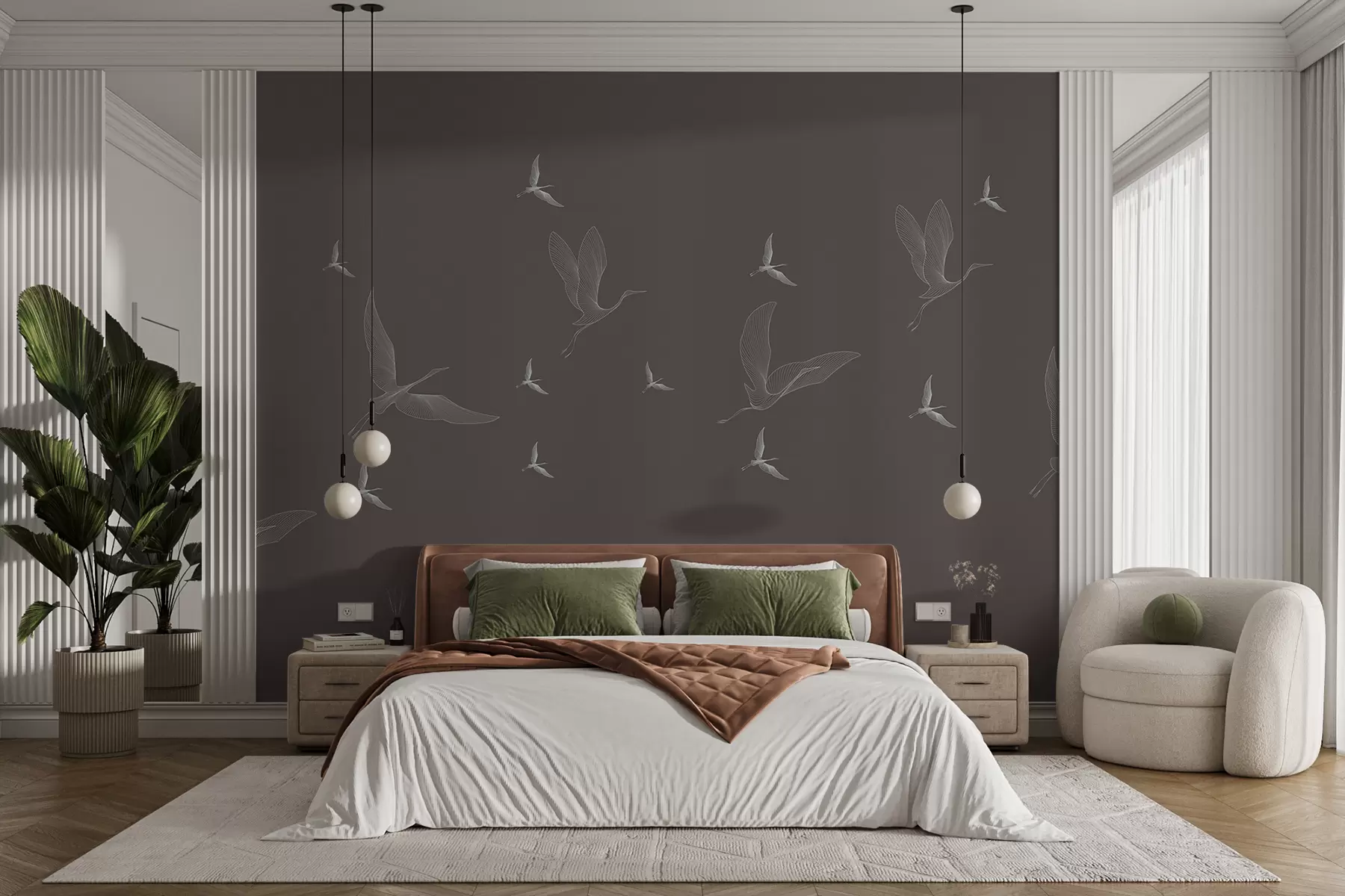 murales de pared Pájaros blancos lineales sobre un fondo marrón. w01263v3
