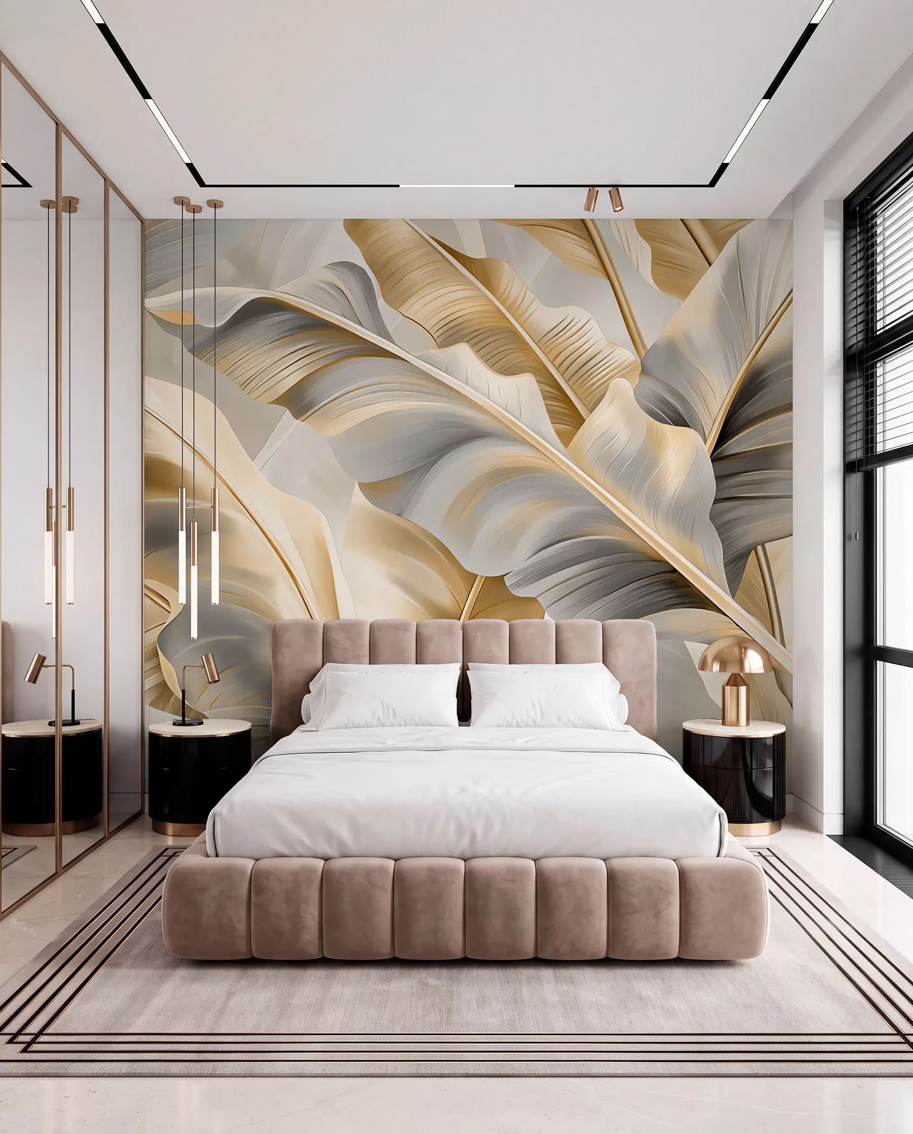 murales de pared lujosas hojas de plátano grandes en tonos gris-beige w07876