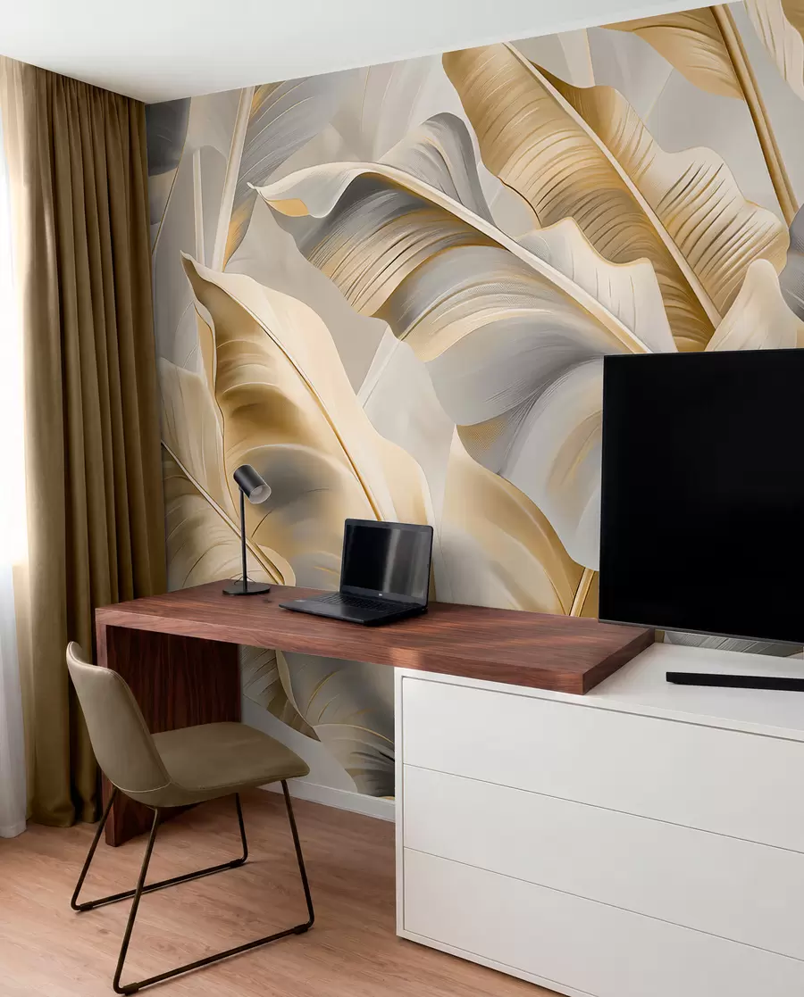 murales de pared lujosas hojas de plátano grandes en tonos gris-beige w07876