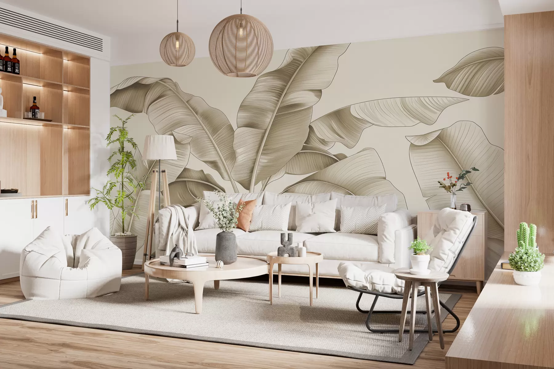 murales de pared dibujadas grandes hojas de plátano en color beige w07877v3