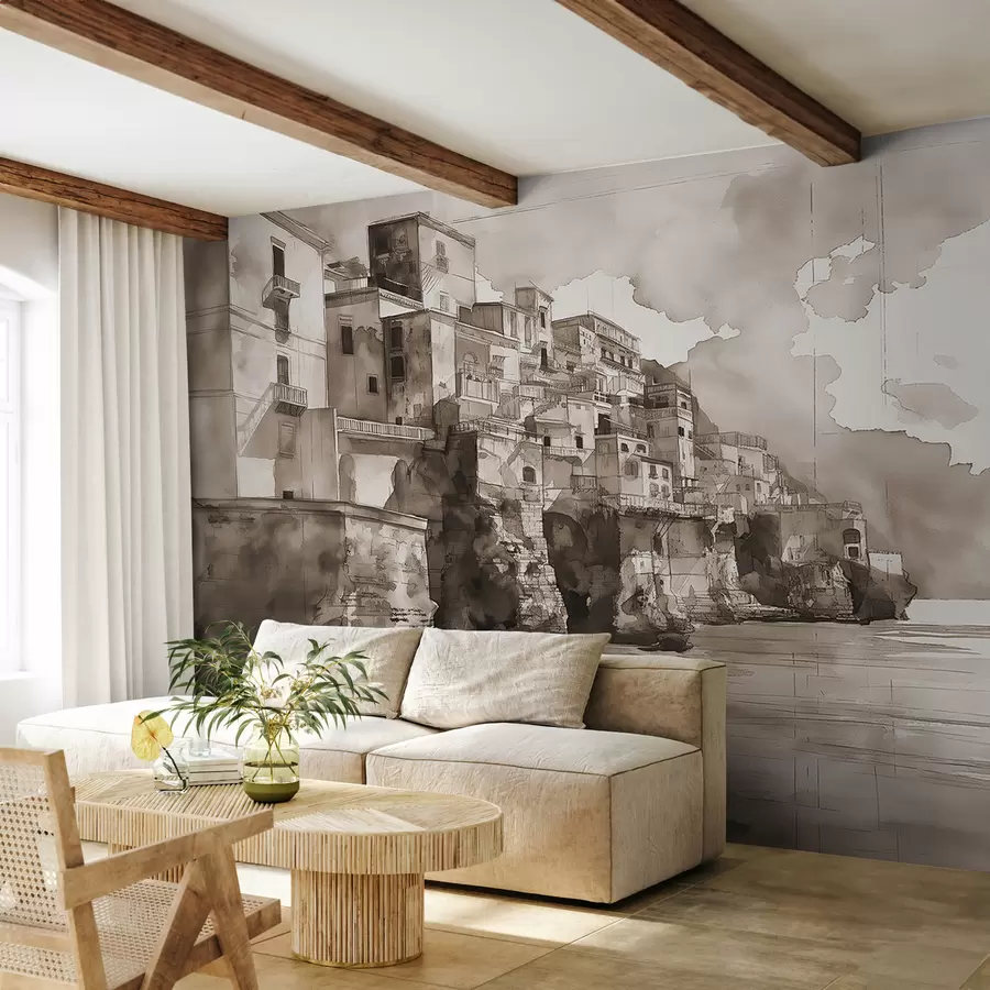 murales de pared Ciudad acuarela pintada sobre el agua en tonos marrones. w07879v1