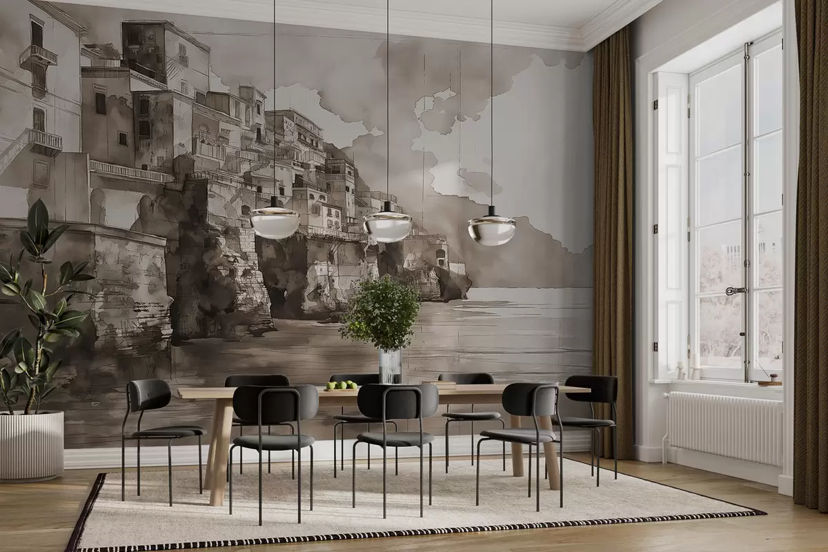 murales de pared Ciudad acuarela pintada sobre el agua en tonos marrones. w07879v1