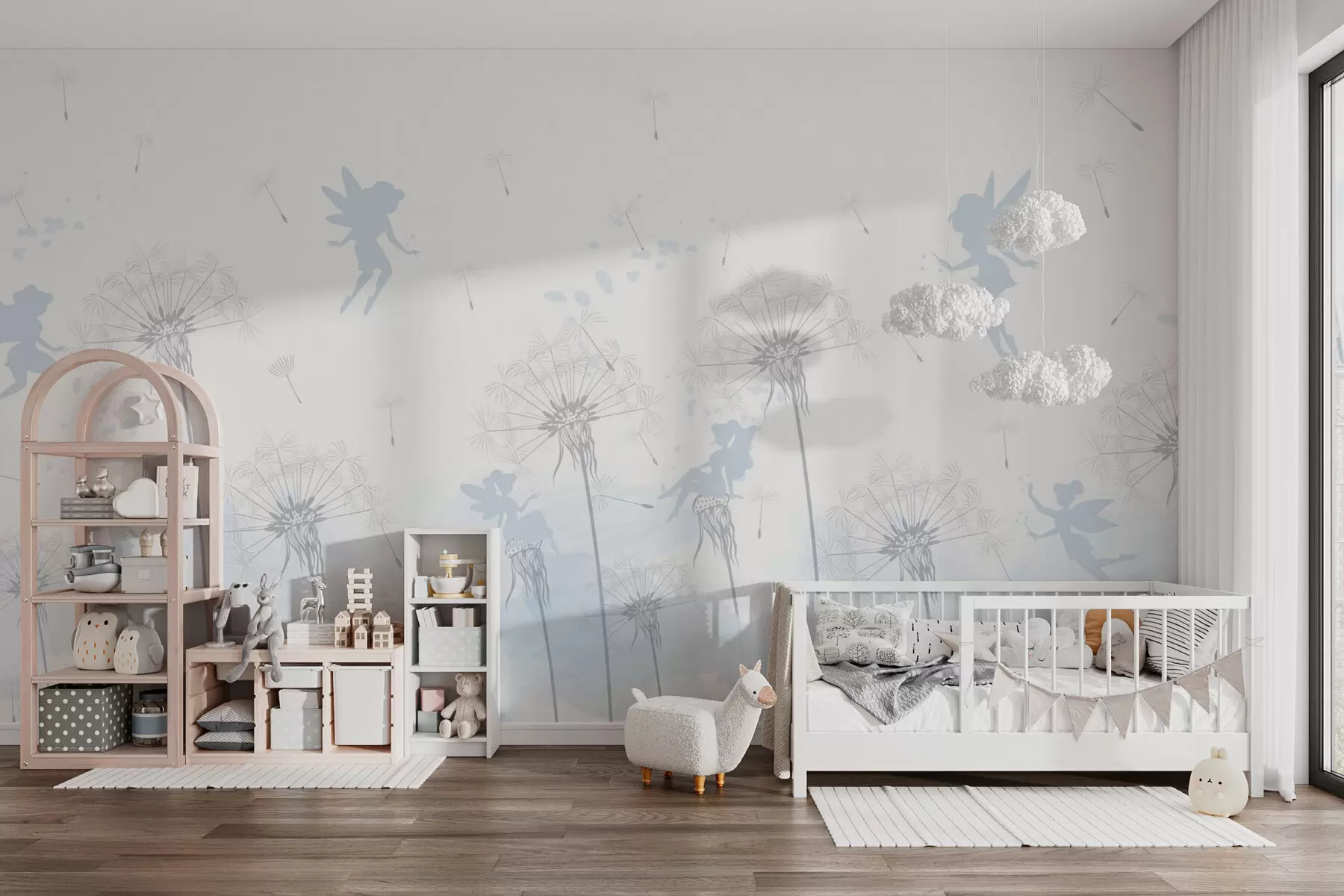 murales de pared Hadas mágicas con dientes de león y flores silvestres al estilo escandinavo para niñas color azul w07913v1