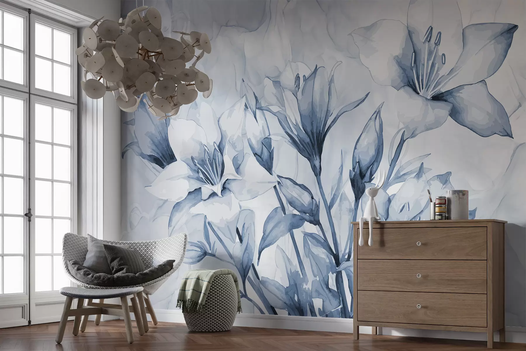 murales de pared Flores azules sobre fondo azul. w07897