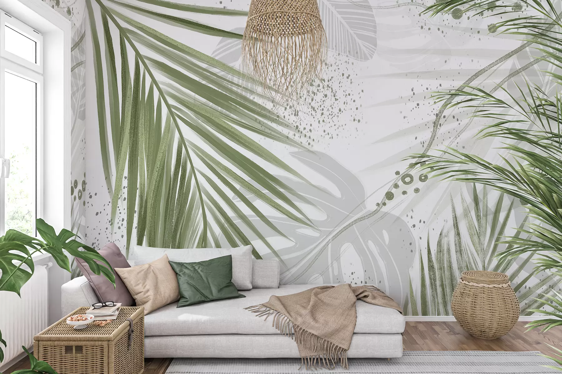 murales de pared Hojas y frondas de palmeras verdes tropicales, con formas abstractas y salpicaduras en tonos verdes y blancos. w07918