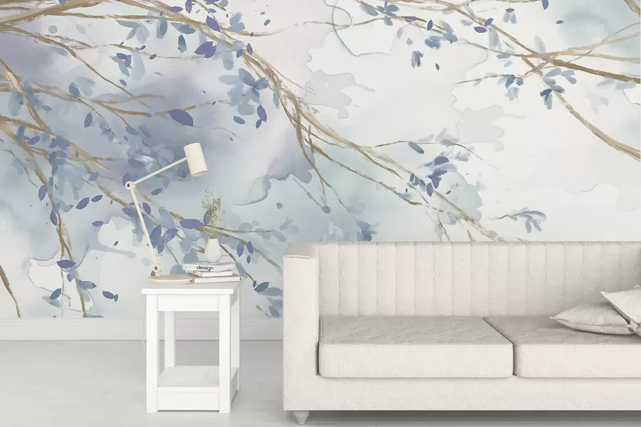 murales de pared Delicadas ramas florales azules y blancas con fondo de acuarela suave y borroso w07919