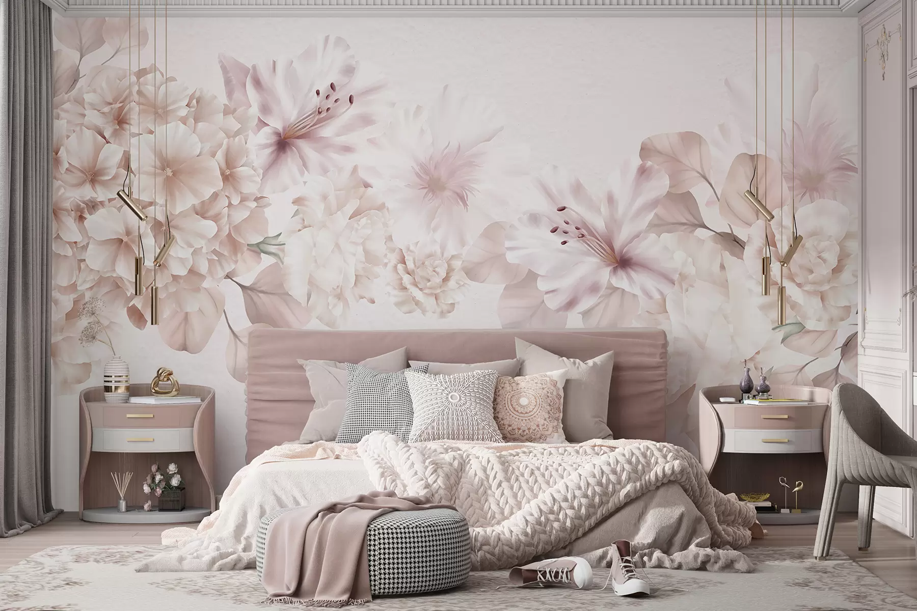 murales de pared Arreglo floral rosa suave y blanco, con delicados pétalos y flores sobre un fondo claro w07923