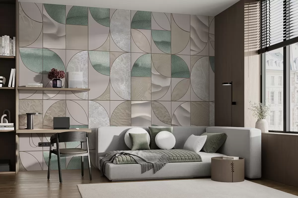 murales de pared Un patrón geométrico de texturas verdes, beige y blancas dispuestas en un diseño abstracto repetitivo w07928