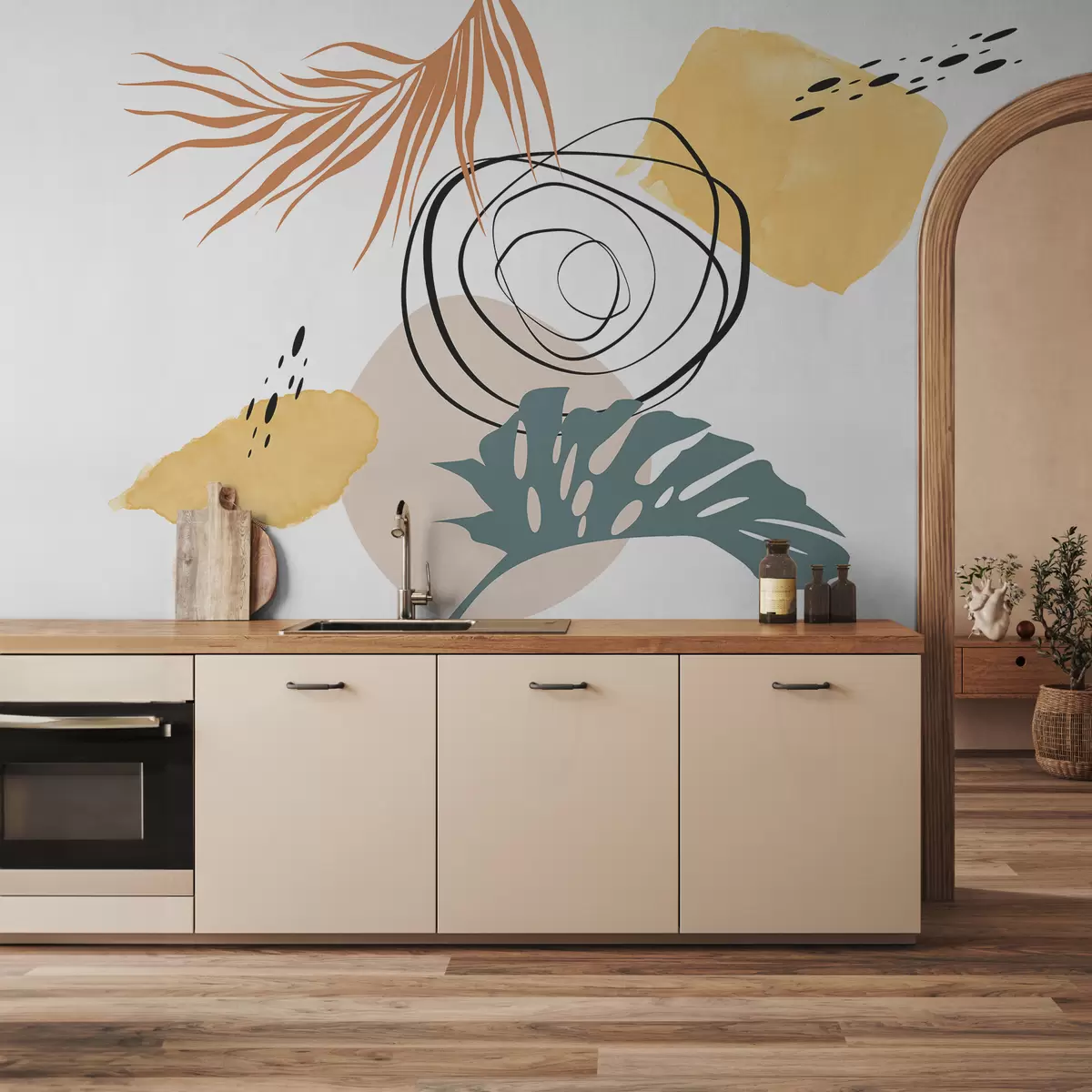 murales de pared Abstracción boho, monstera tropical y hoja de palma, geométrica, mancha de acuarela, líneas, color azul, rojo, amarillo w07959