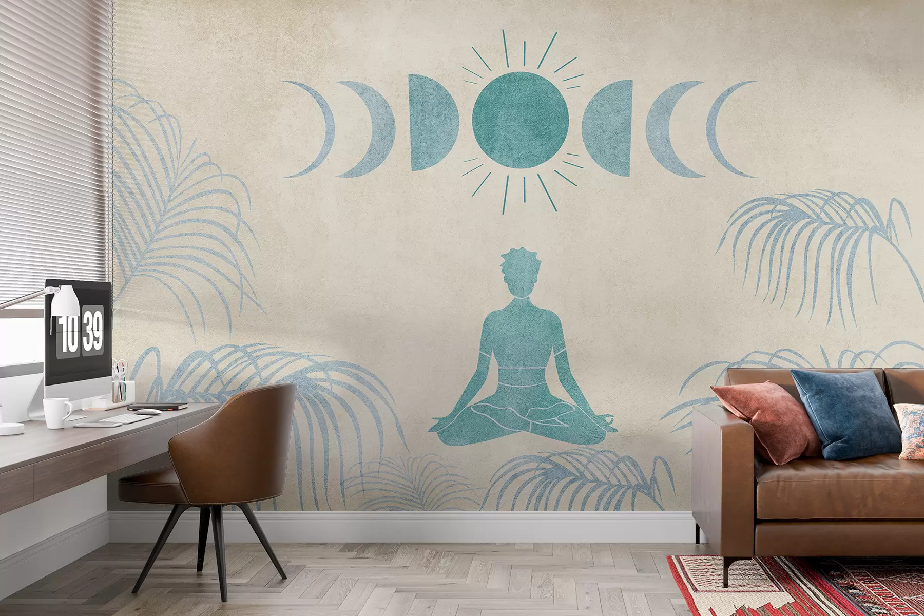 murales de pared Una niña sentada en posición de loto bajo las fases de la luna entre hojas de palma, textura, color azul, yoga w07970v3