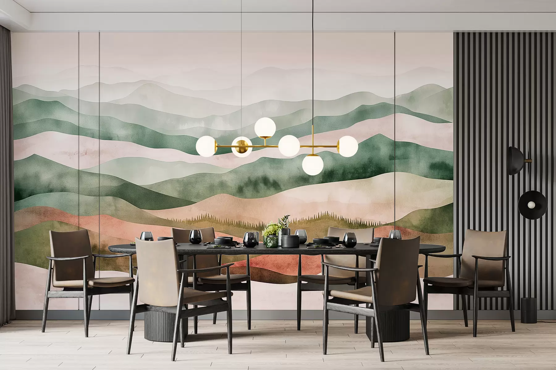 murales de pared Paisajes de montañas acuarelas, bosques, naturaleza, colores verdes y beige w07950v1