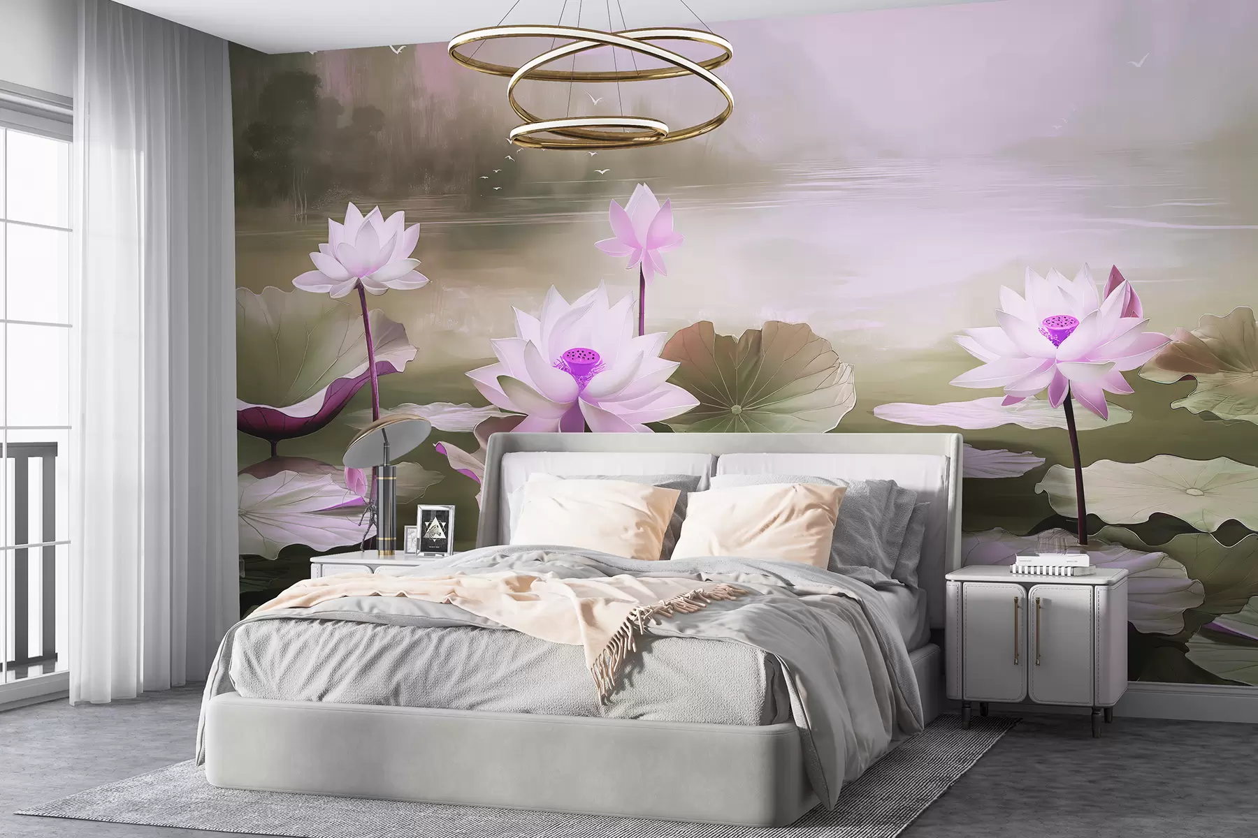 murales de pared Nenúfares en el lago, dibujo acrílico, naturaleza, colores verde y rosa. w07958v2