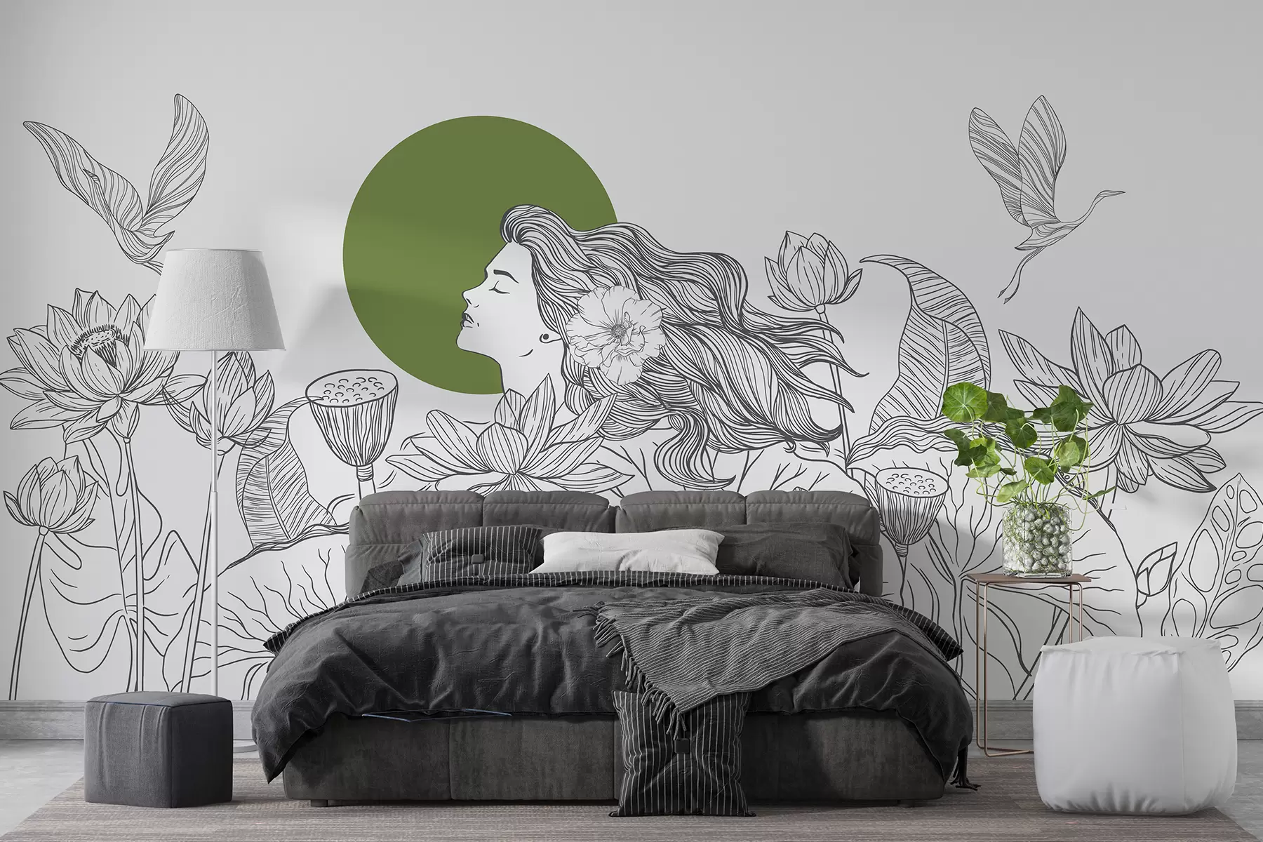 murales de pared Mujer en la naturaleza, dibujo lineal, flores de loto, hojas grandes, pájaros voladores, color gris y verde w07988v3
