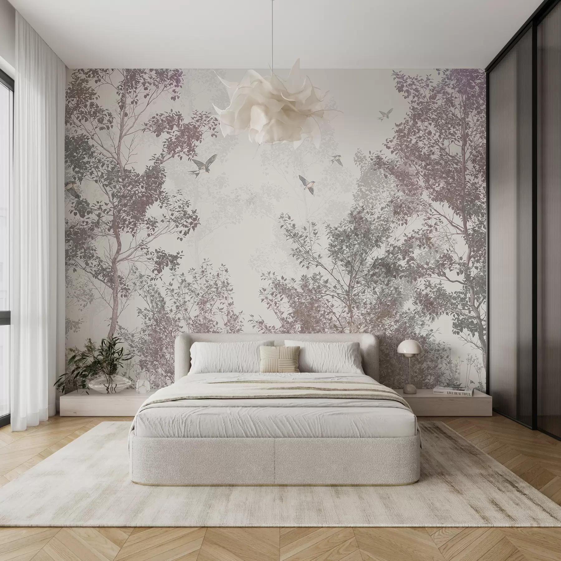 murales de pared Árboles con hojas y ramas marrones y grises con pájaros volando en el cielo, fondo blanco w07982