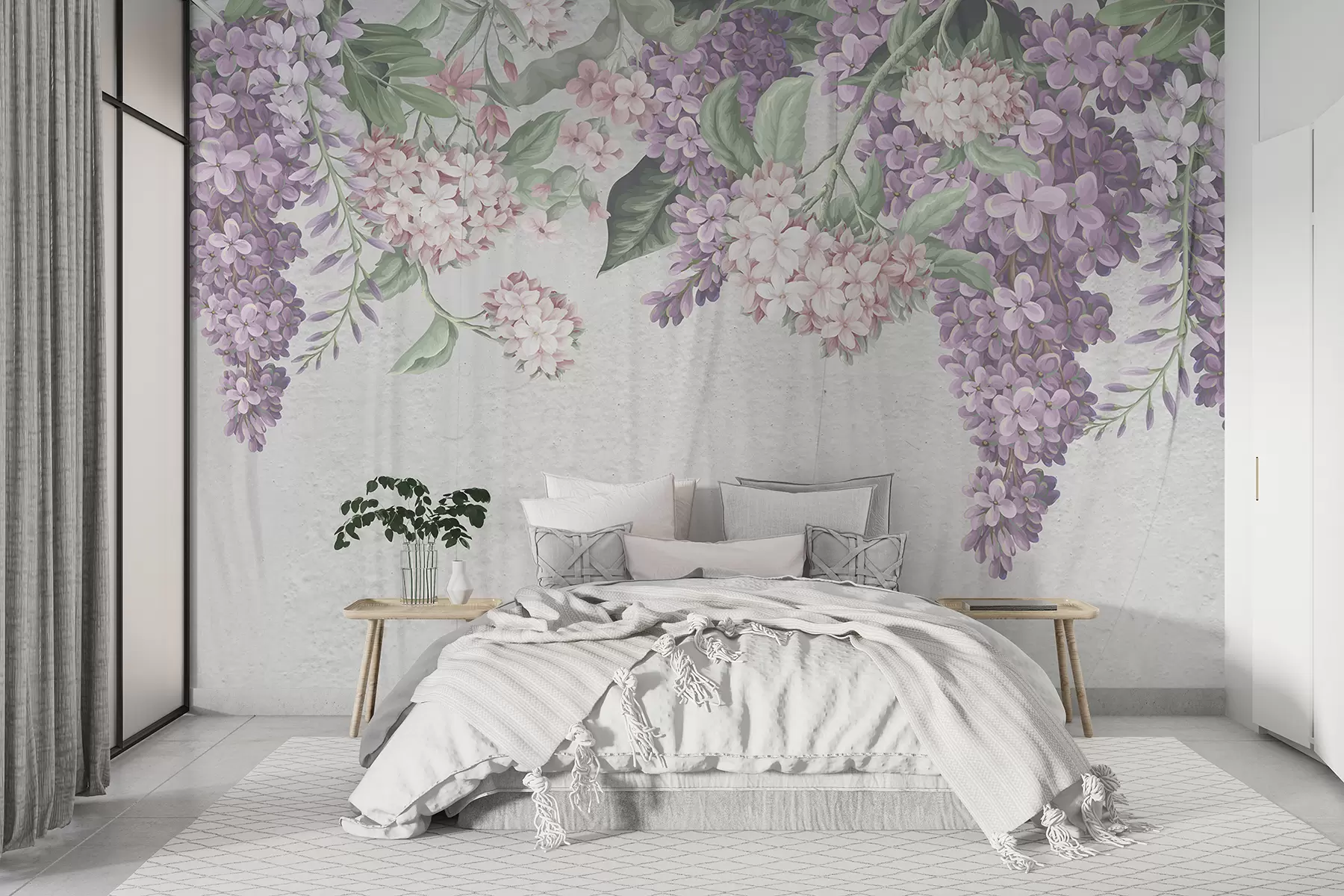murales de pared Un estampado floral con flores blancas y violetas, lilas con hojas verdes sobre un fondo textil de textura clara w07984