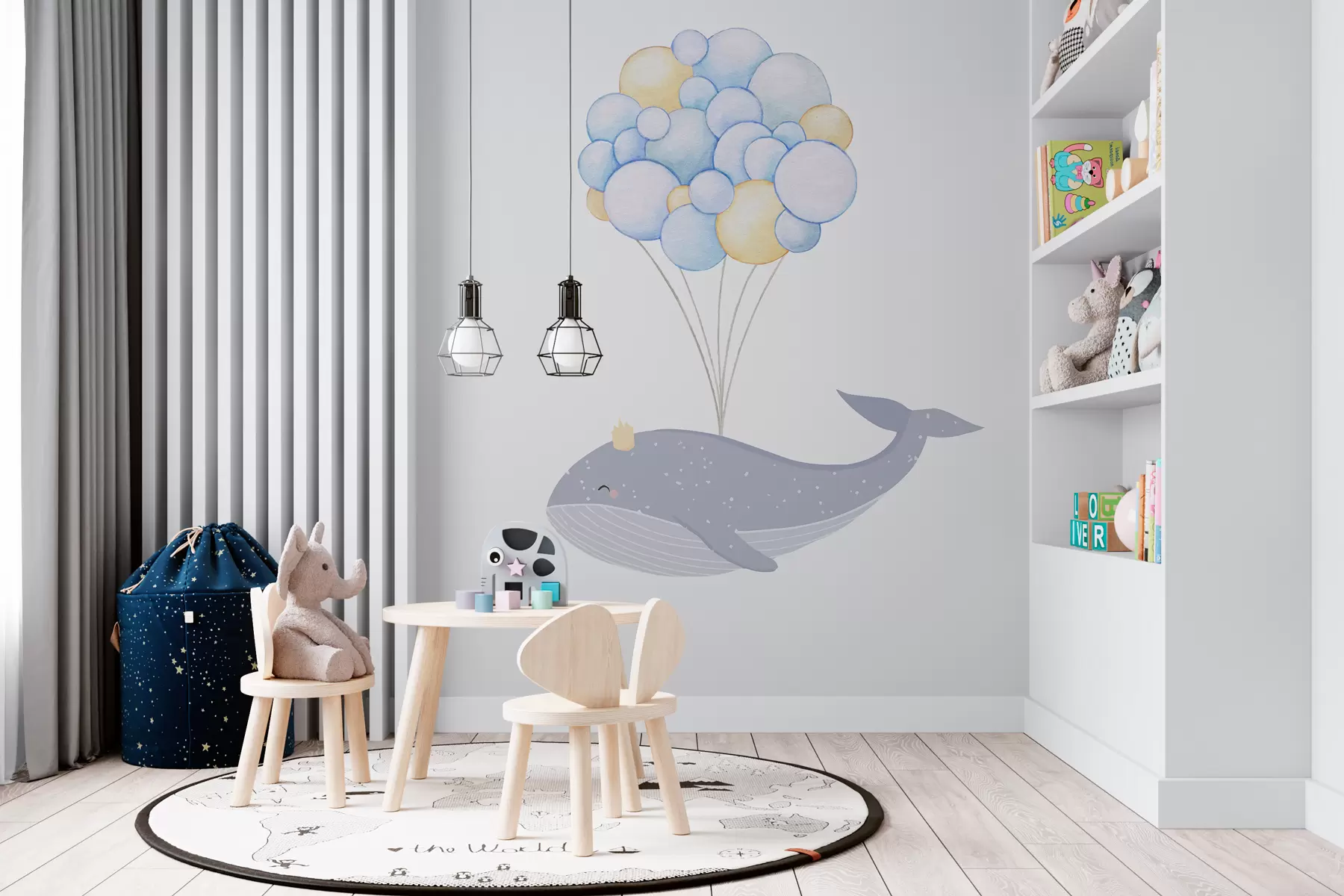 murales de pared Ballena con globos sobre un fondo blanco. w08017v2