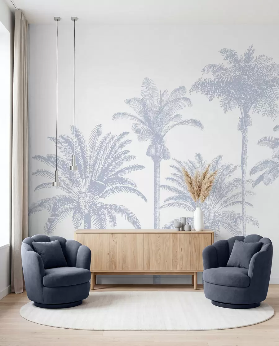 murales de pared Oasis de palmeras tropicales de color azul mínimo w08111v4