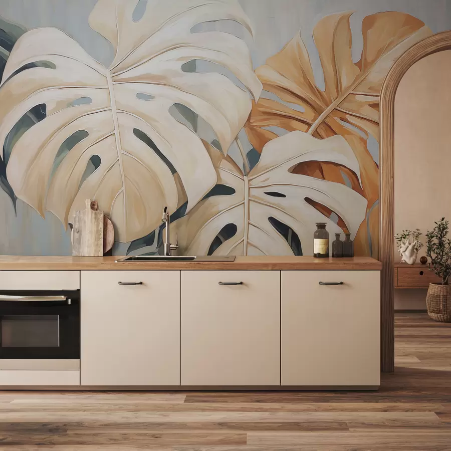 murales de pared Hojas de monstera, color azul, blanco, naranja. w08124