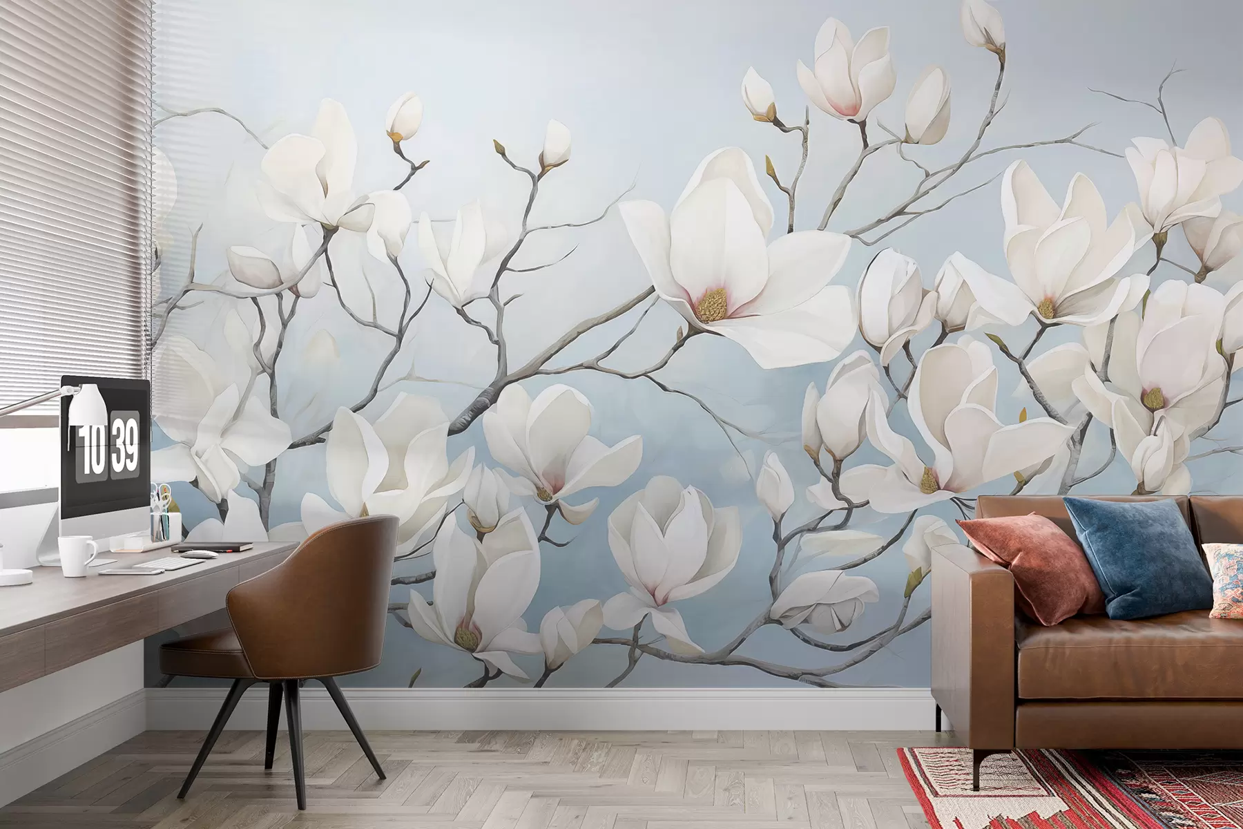 murales de pared Ramas con magnolia blanca sobre azul. w08125