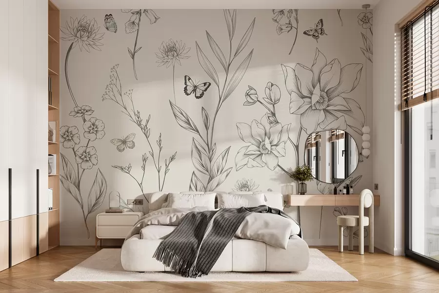 murales de pared Boho flores y mariposas monocromáticas w08088
