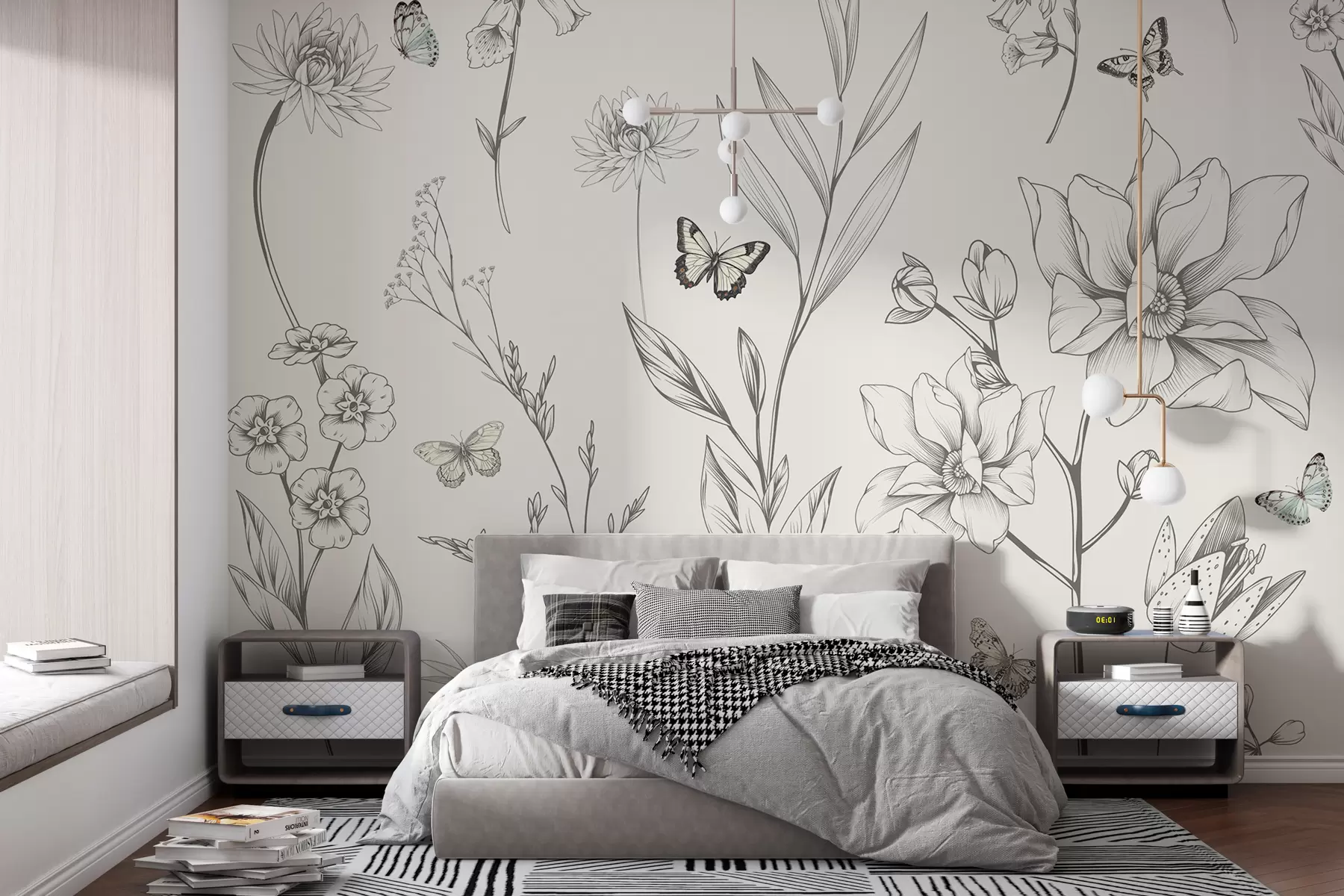 murales de pared Boho flores y mariposas monocromáticas w08088