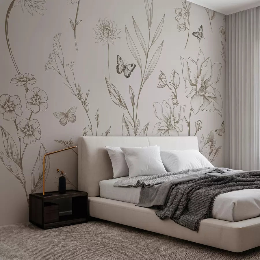 murales de pared Boho Monocromo Flores y Mariposas en color beige w08088v1