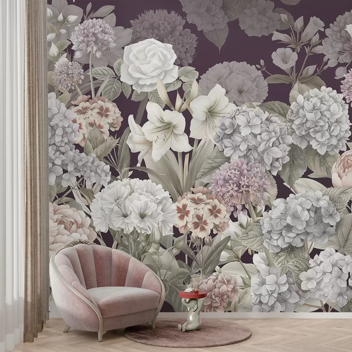 murales de pared Mágico jardín de verano sobre un fondo carmesí w08140v2