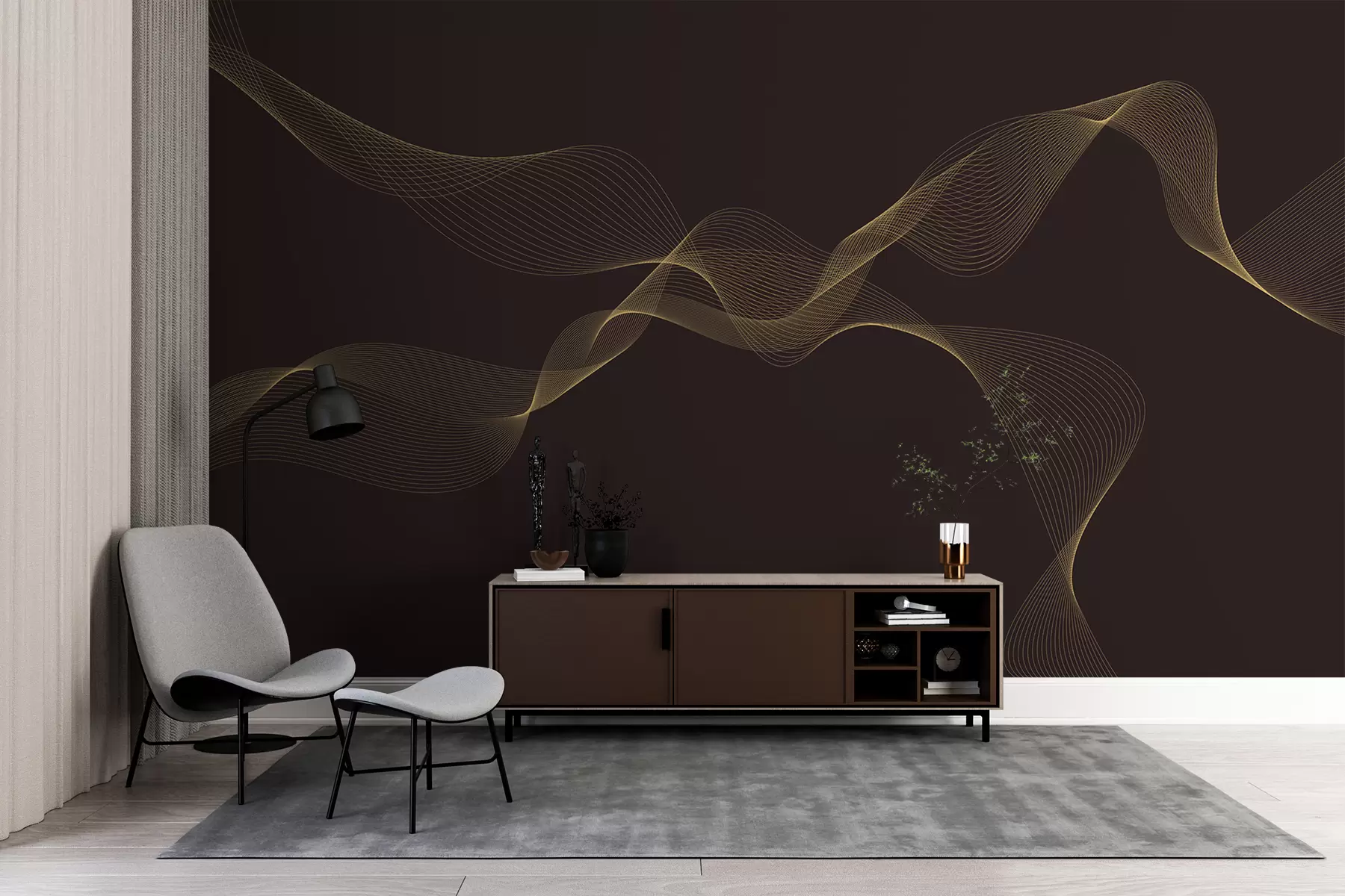 murales de pared Ondas amarillas sobre un fondo marrón. w08075v2