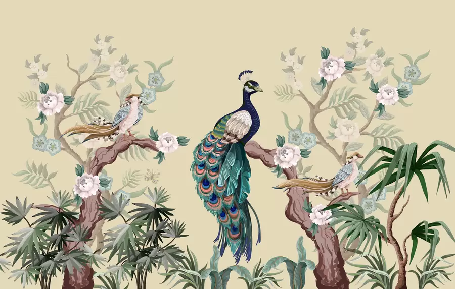 murales de pared pavo real sobre un árbol, fondo beige w08168