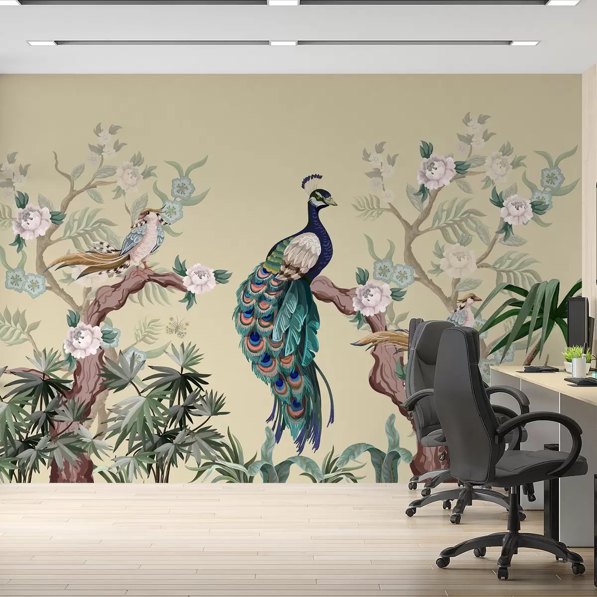 murales de pared pavo real sobre un árbol, fondo beige w08168