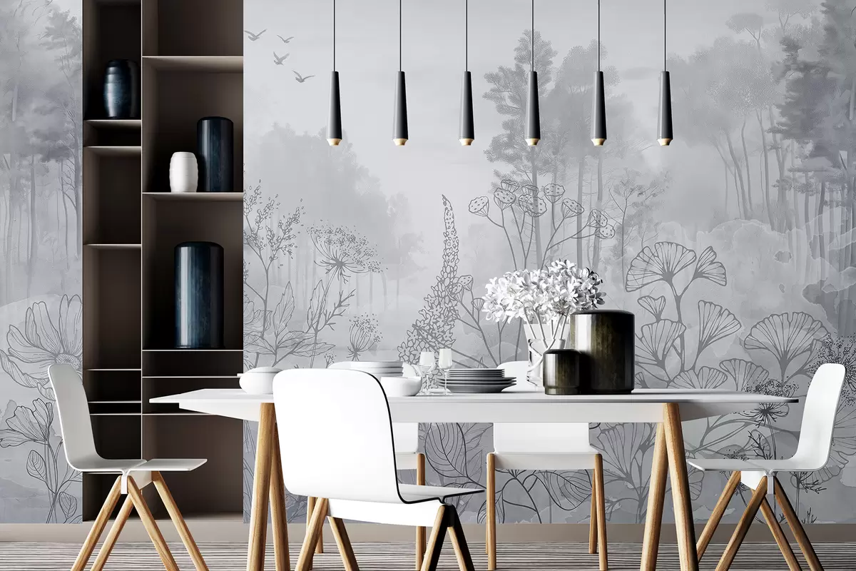 murales de pared Paisaje forestal con flores silvestres, arte lineal, realismo, árboles, naturaleza, paleta de colores grises w08142v2