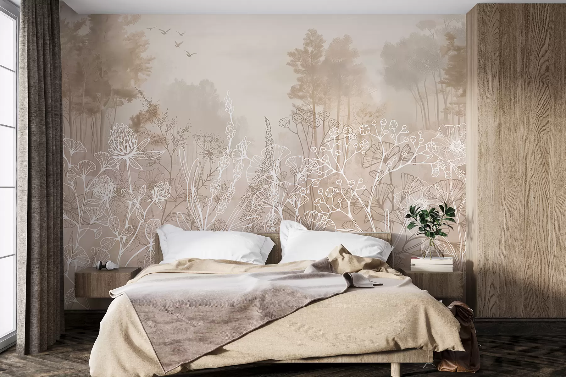 murales de pared Flores de dibujo lineal, paisaje forestal, naturaleza, realismo, paleta de colores beige w08144