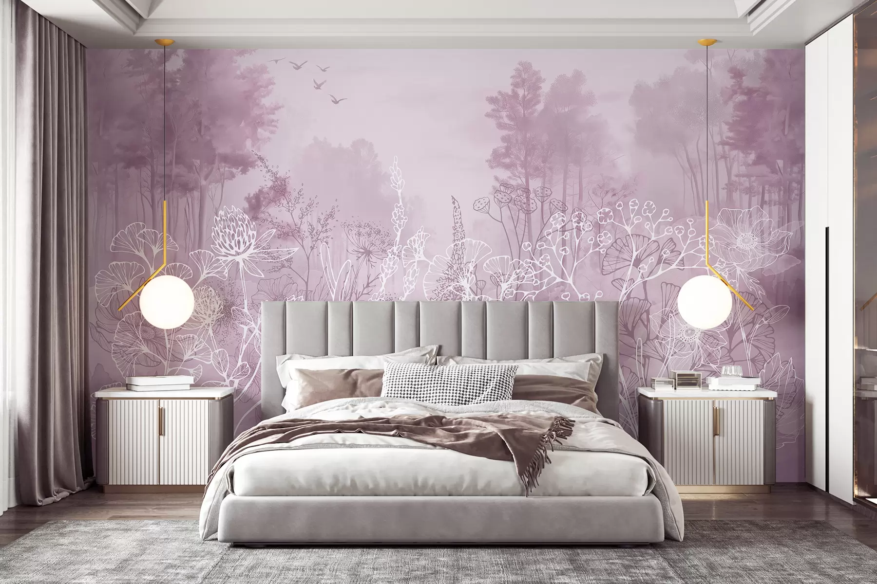 murales de pared Flores de dibujo lineal, paisaje forestal, naturaleza, realismo, paleta de colores rosas w08144v3