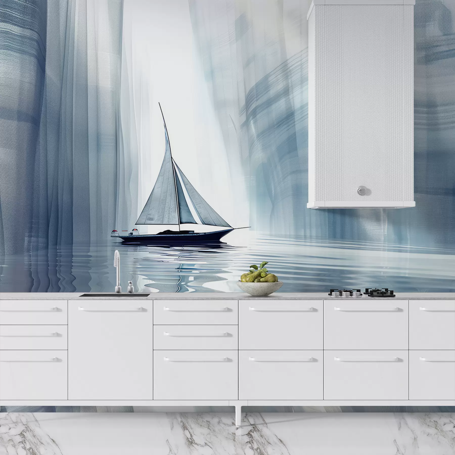 murales de pared Barco en el agua en estilo futurista con colores azules. w01338