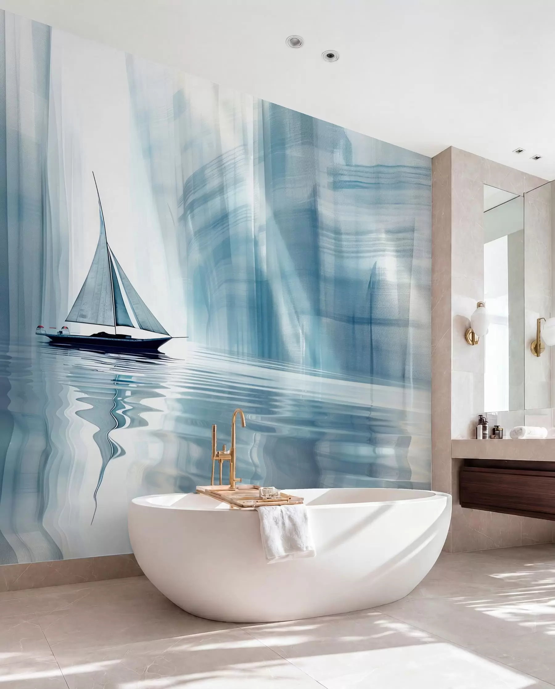 murales de pared Barco en el agua en estilo futurista con colores azules w01338