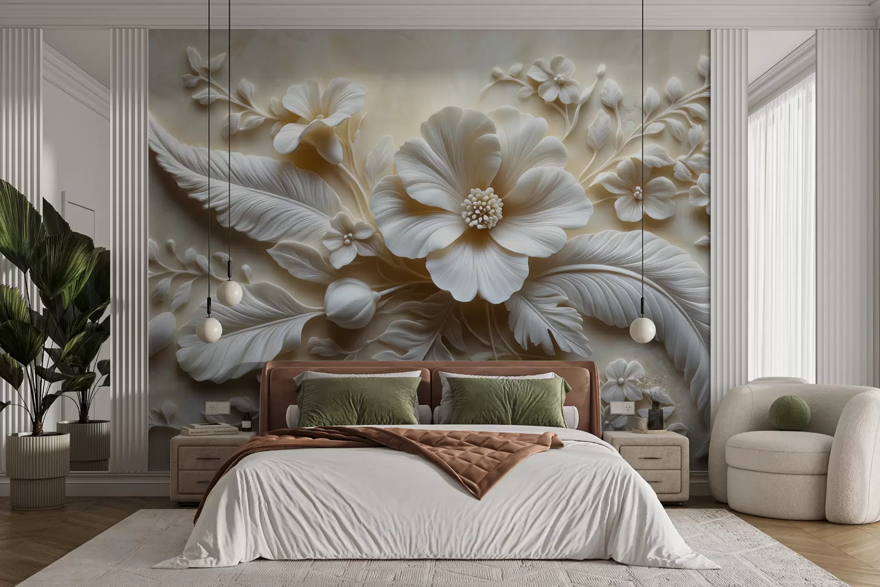 murales de pared Arte de pared en relieve 3D con plumas y flores, con una gran amapola en colores beige w01340