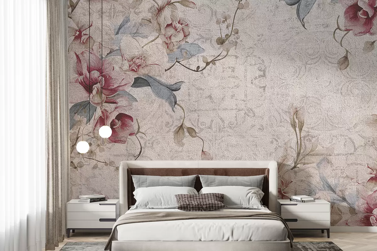 murales de pared Un patrón floral vintage con delicadas flores rosas y blancas, hojas sobre un fondo beige claro. w08149