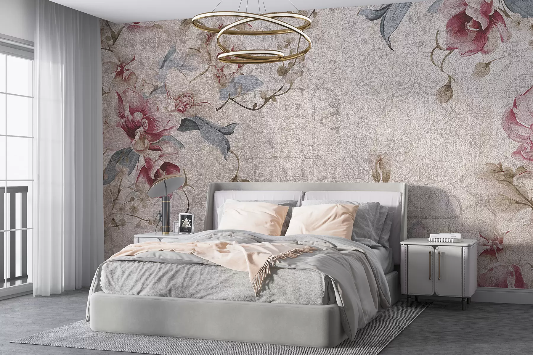 murales de pared Un patrón floral vintage con delicadas flores rosas y blancas, hojas sobre un fondo beige claro w08149