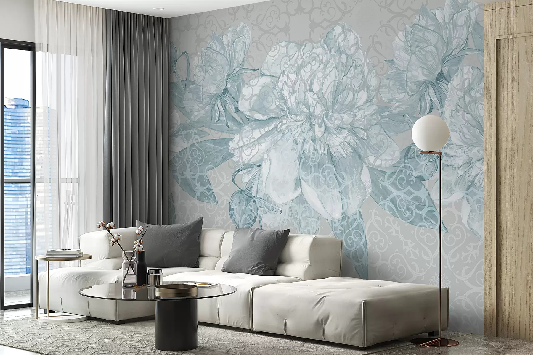 murales de pared Estampado floral con intrincados pétalos y hojas en tonos de azul y blanco sobre un fondo suave y apagado. w08151v1