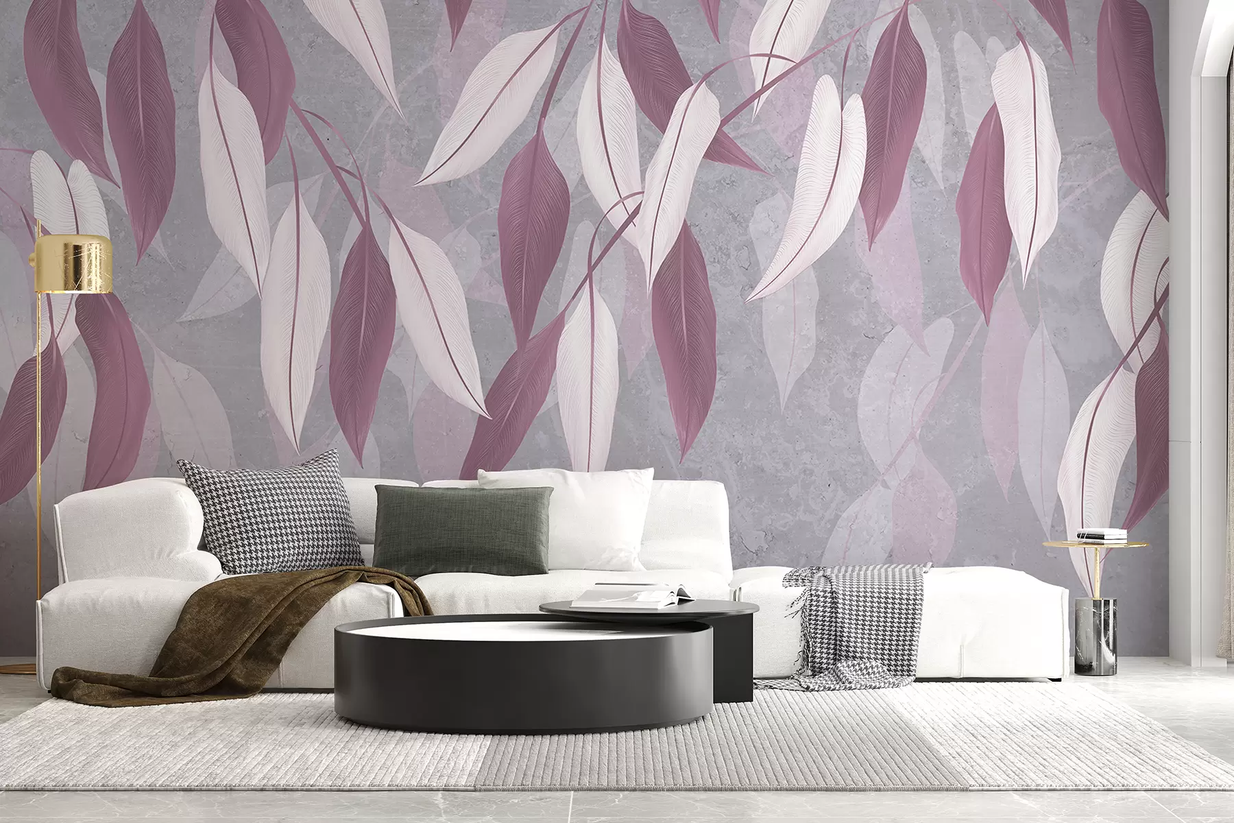 murales de pared Formas superpuestas similares a plumas blancas y moradas sobre un fondo gris claro w08155v1