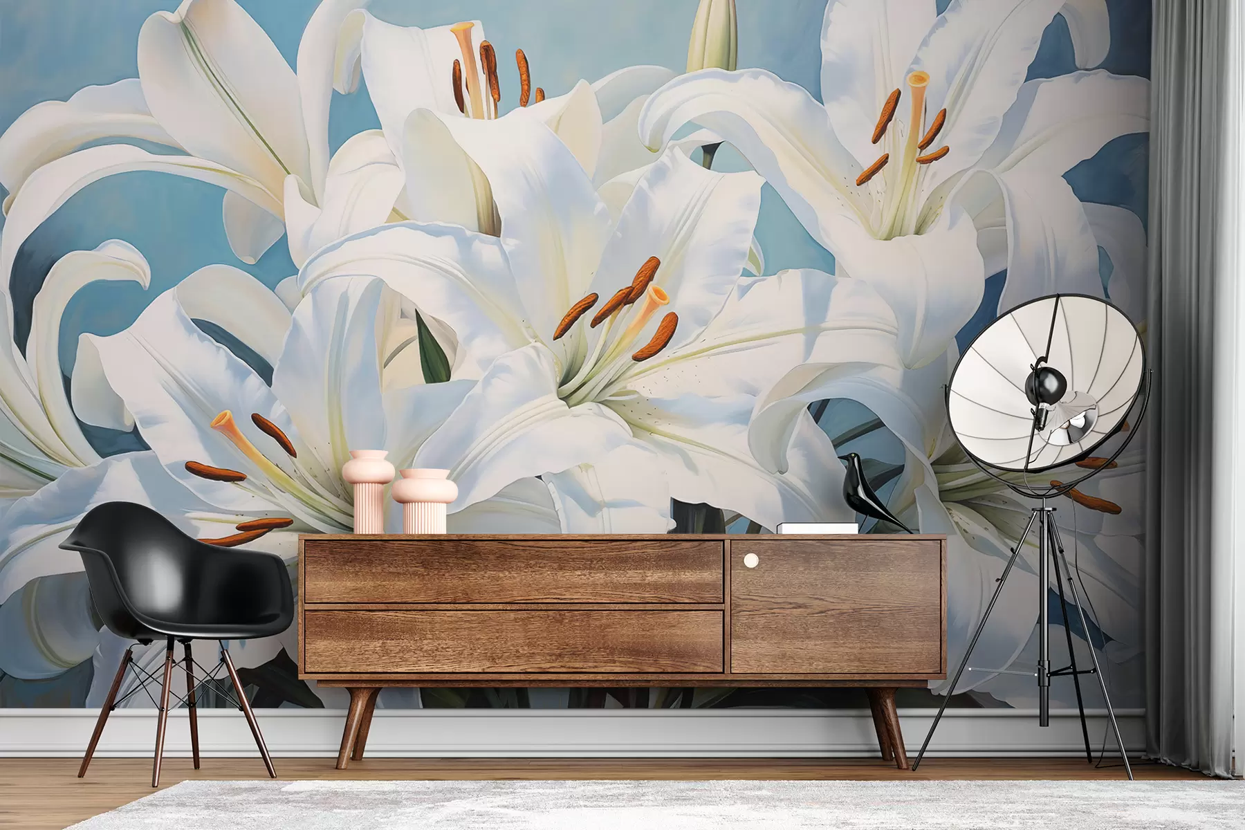 murales de pared Lirios blancos en flor sobre un fondo azul w01209